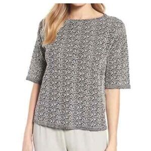 Eileen Fisher Womens Organic Linen Crepe Knit Bateau Neck Top Black/Bone